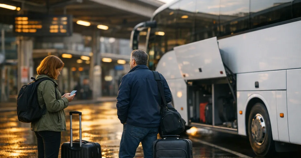 Resenärer med resväskor väntar vid en buss på en terminal i kvällsljus
